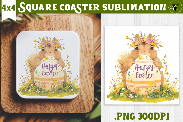 Easter Square Coaster | Watercolor Squirrel | Happy Easter