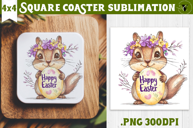 Easter Square Coaster | Watercolor Squirrel | Happy Easter