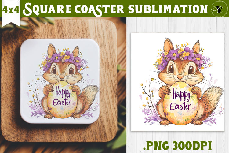 Easter Square Coaster | Watercolor Squirrel | Happy Easter