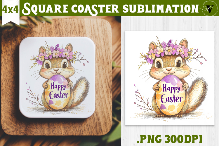Easter Square Coaster | Watercolor Squirrel | Happy Easter