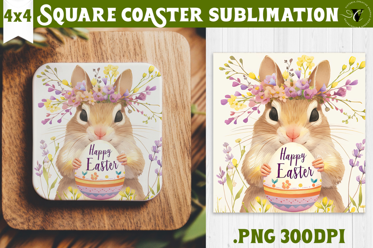Easter Square Coaster | Watercolor Squirrel | Happy Easter