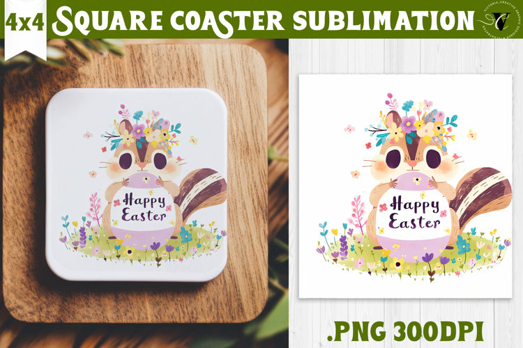 Easter Square Coaster | Watercolor Squirrel | Happy Easter