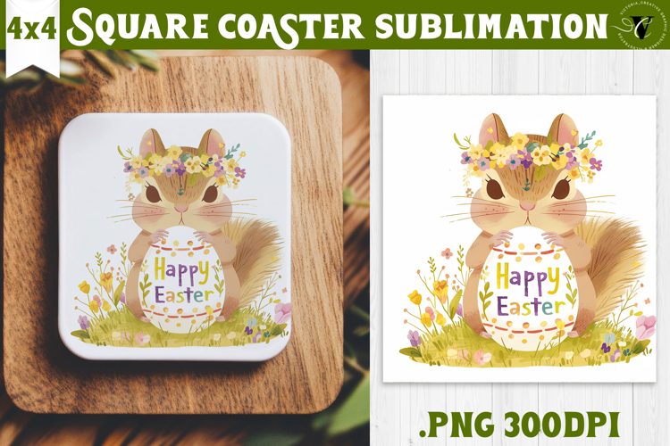 Easter Square Coaster | Watercolor Squirrel | Happy Easter