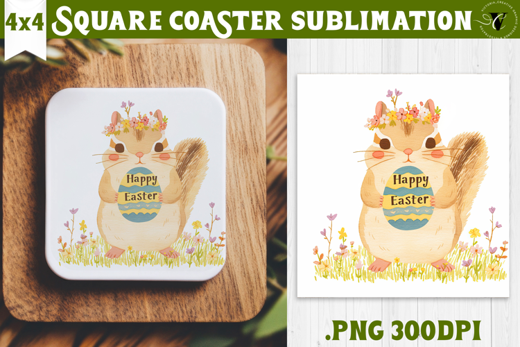 Easter Square Coaster | Watercolor Squirrel | Happy Easter
