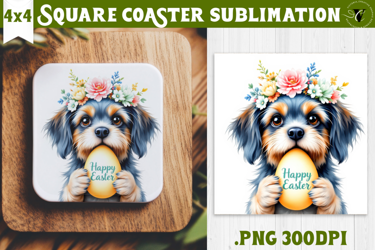Easter Square Coaster | Watercolor Dog | Happy Easter