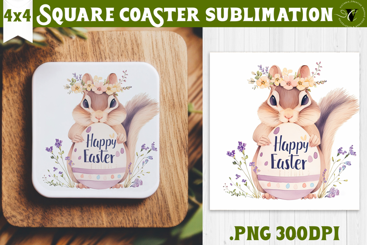 Easter Square Coaster | Watercolor Squirrel | Happy Easter