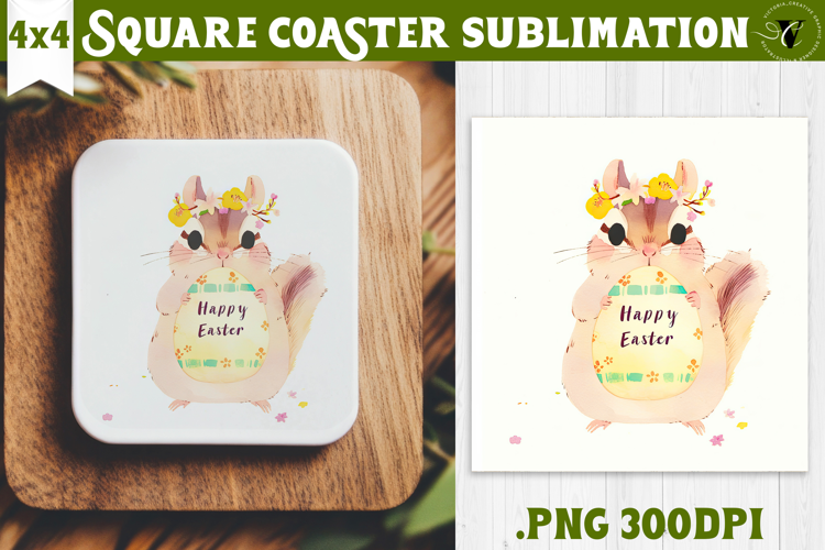 Easter Square Coaster | Watercolor Squirrel | Happy Easter