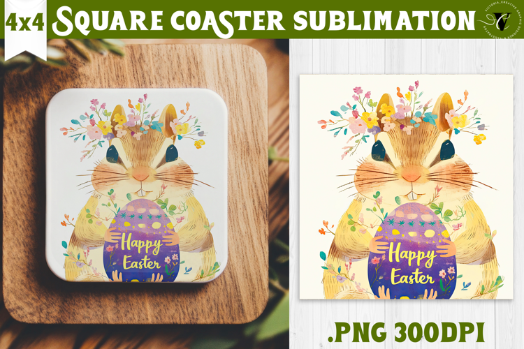 Easter Square Coaster | Watercolor Squirrel | Happy Easter