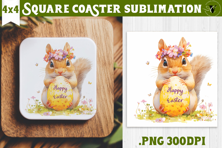 Easter Square Coaster | Watercolor Squirrel | Happy Easter