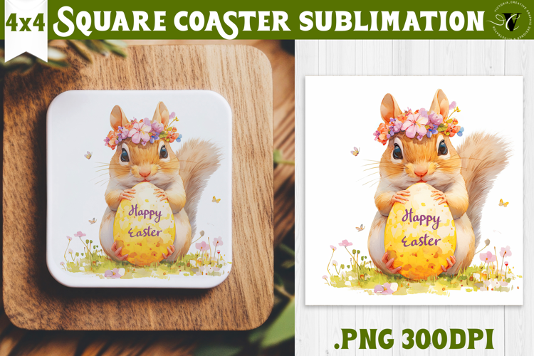 Easter Square Coaster | Watercolor Squirrel | Happy Easter