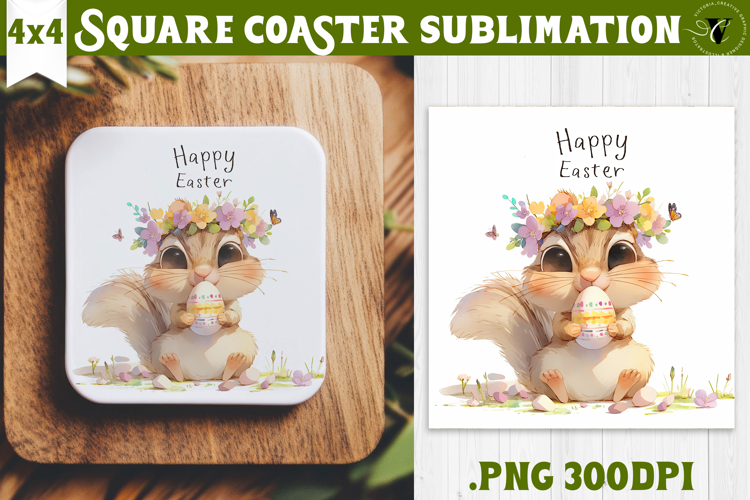 Easter Square Coaster | Watercolor Squirrel | Happy Easter