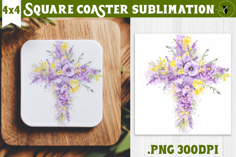 Easter Square Coaster | Watercolor Cross |Happy Easter