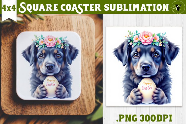 Easter Square Coaster | Watercolor Dog | Happy Easter