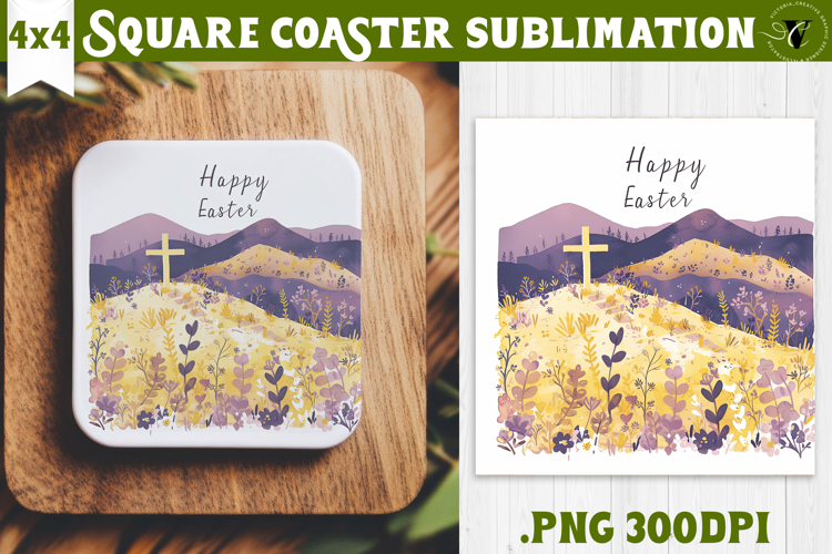 Easter Square Coaster | Watercolor Cross |Happy Easter