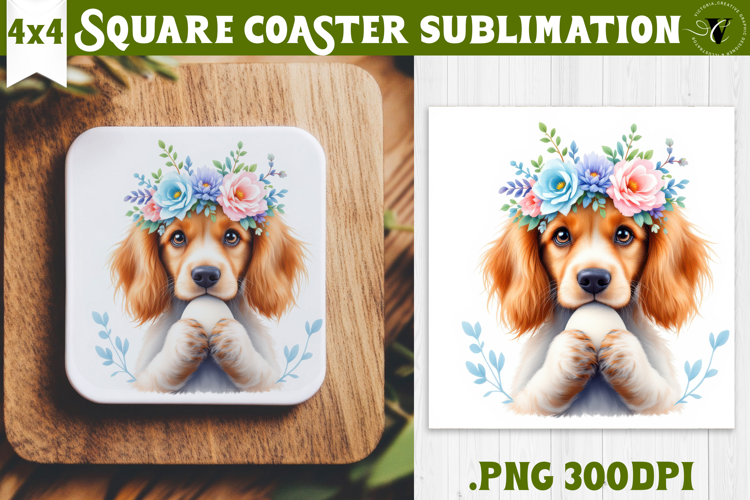 Easter Square Coaster | Watercolor Dog | Happy Easter
