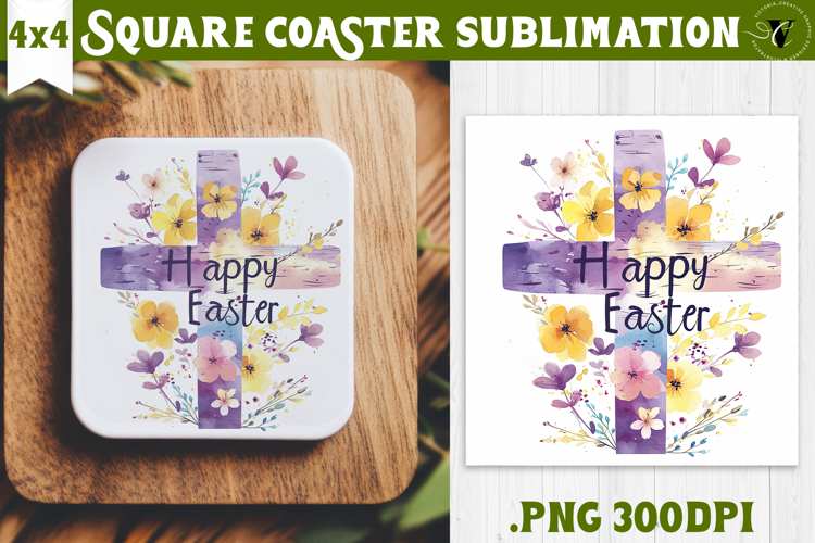 Easter Square Coaster | Watercolor Cross |Happy Easter