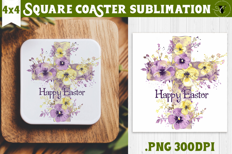 Easter Square Coaster | Watercolor Cross |Happy Easter
