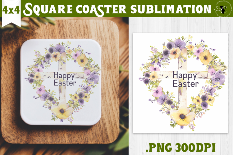 Easter Square Coaster | Watercolor Cross |Happy Easter