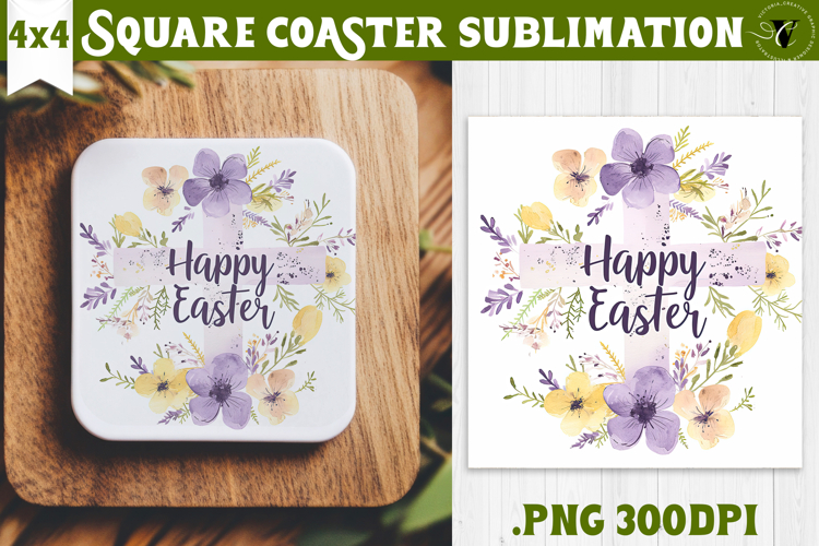 Easter Square Coaster | Watercolor Cross |Happy Easter