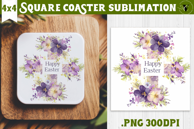 Easter Square Coaster | Watercolor Cross |Happy Easter