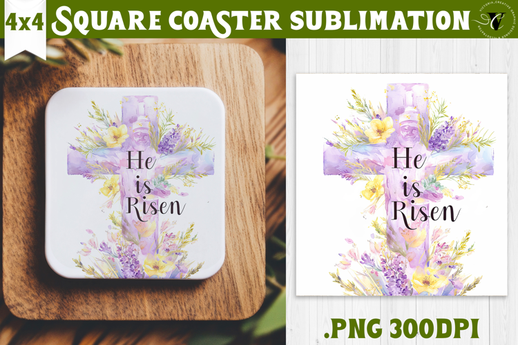 Easter Square Coaster | Watercolor Cross |Happy Easter