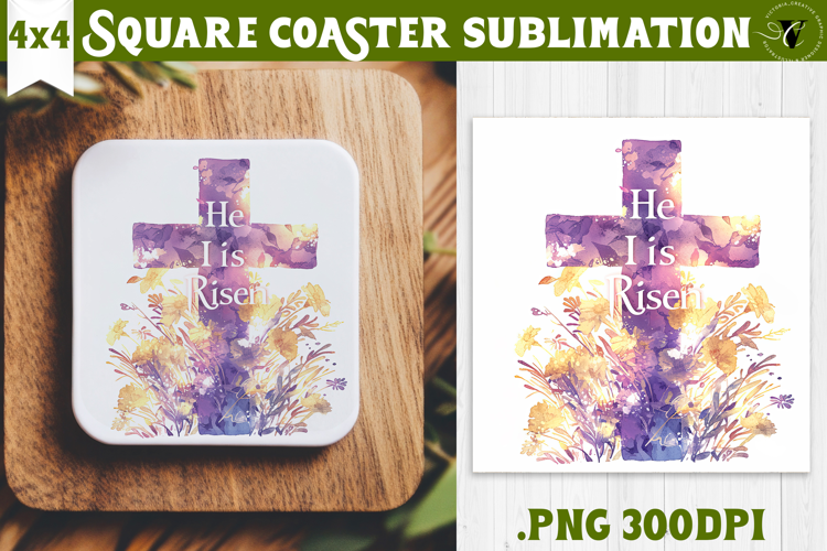 Easter Square Coaster | Watercolor Cross |Happy Easter