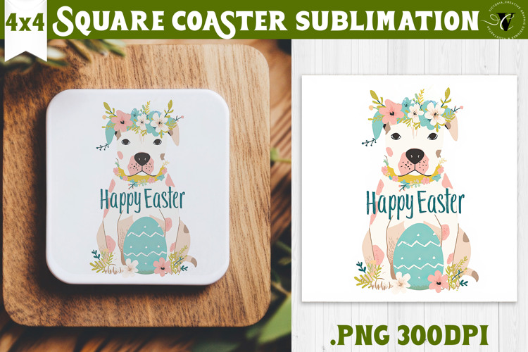 Easter Square Coaster | Watercolor Dog | Happy Easter