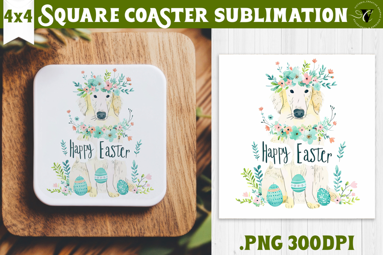 Easter Square Coaster | Watercolor Dog | Happy Easter