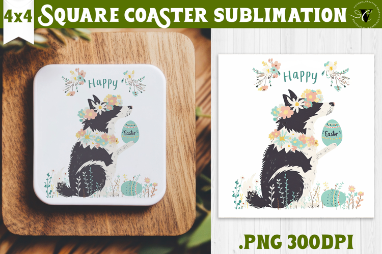 Easter Square Coaster | Watercolor Dog | Happy Easter
