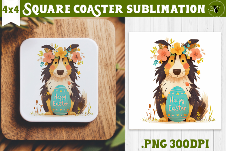 Easter Square Coaster | Watercolor Dog | Happy Easter