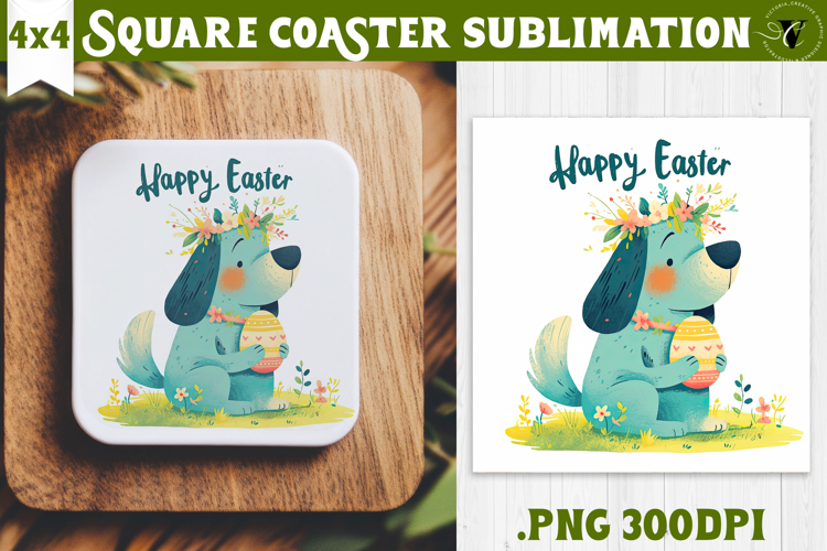 Easter Square Coaster | Watercolor Dog | Happy Easter