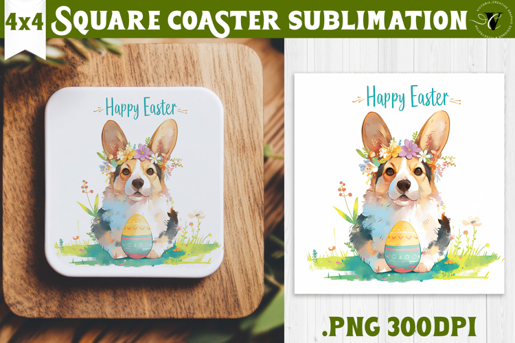 Easter Square Coaster | Watercolor Dog | Happy Easter