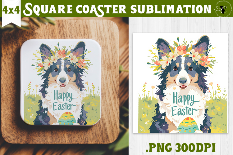 Easter Square Coaster | Watercolor Dog | Happy Easter