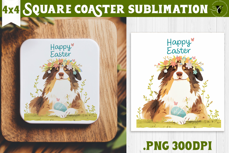 Easter Square Coaster | Watercolor Dog | Happy Easter