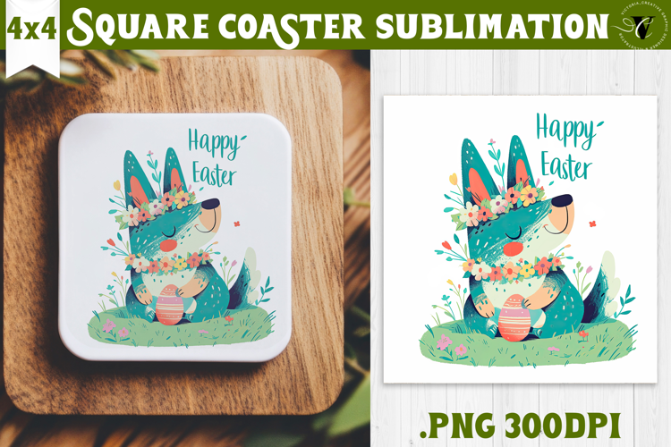 Easter Square Coaster | Watercolor Dog | Happy Easter