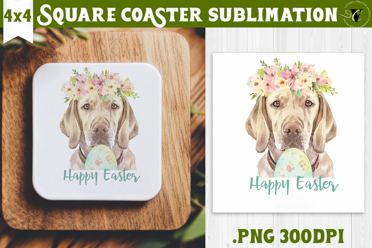 Easter Square Coaster | Watercolor Dog | Happy Easter