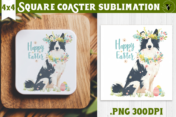 Easter Square Coaster | Watercolor Dog | Happy Easter