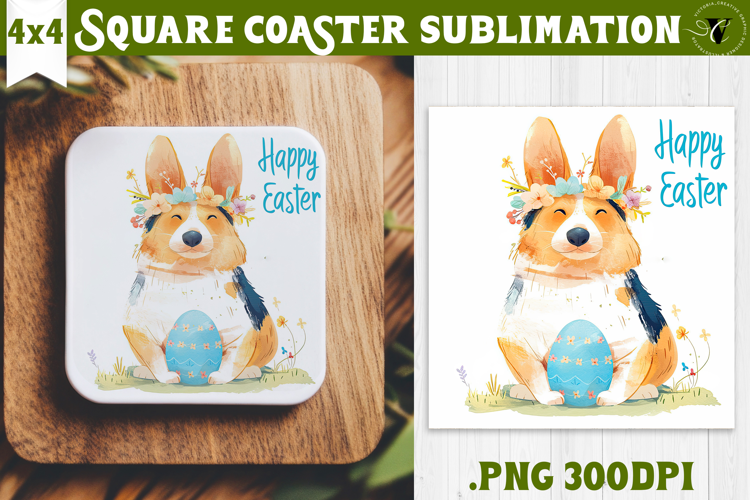 Easter Square Coaster | Watercolor Dog | Happy Easter