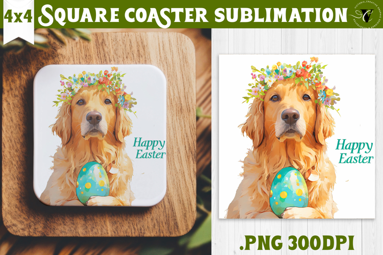 Easter Square Coaster | Watercolor Dog | Happy Easter