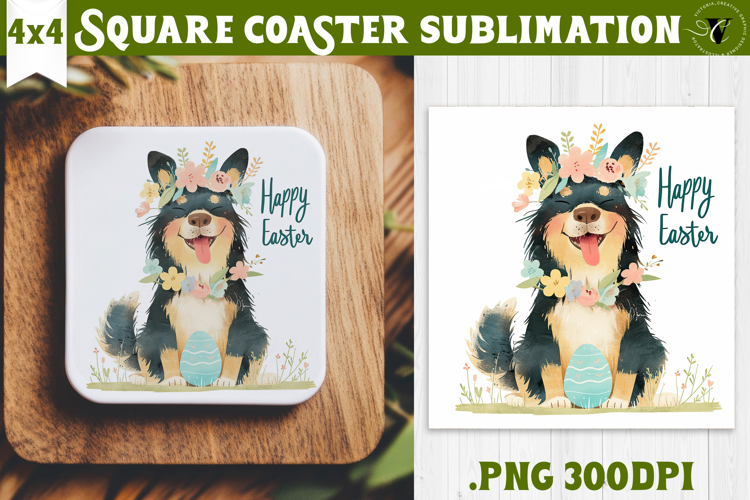 Easter Square Coaster | Watercolor Dog | Happy Easter