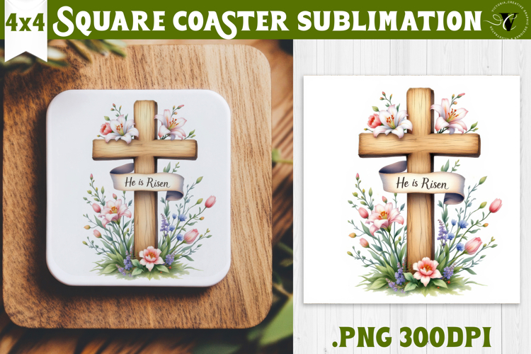 Easter Square Coaster | Watercolor Cross | Happy Easter