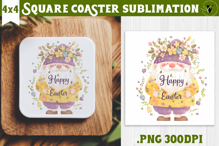 Easter Square Coaster | Watercolor Dwarf | Happy Easter