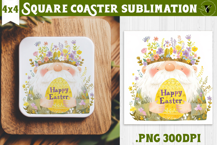 Easter Square Coaster | Watercolor Dwarf | Happy Easter