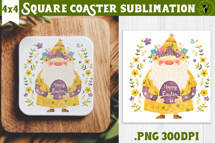 Easter Square Coaster | Watercolor Dwarf | Happy Easter