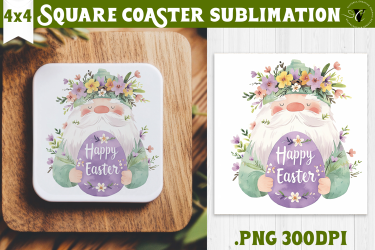 Easter Square Coaster | Watercolor Dwarf | Happy Easter