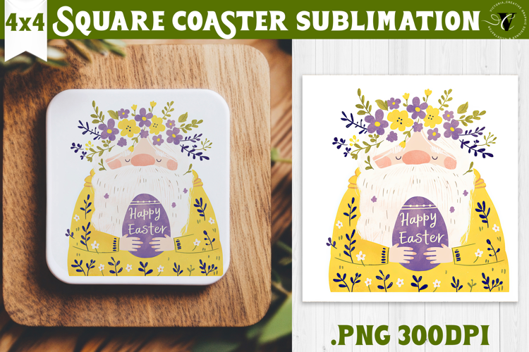Easter Square Coaster | Watercolor Dwarf | Happy Easter