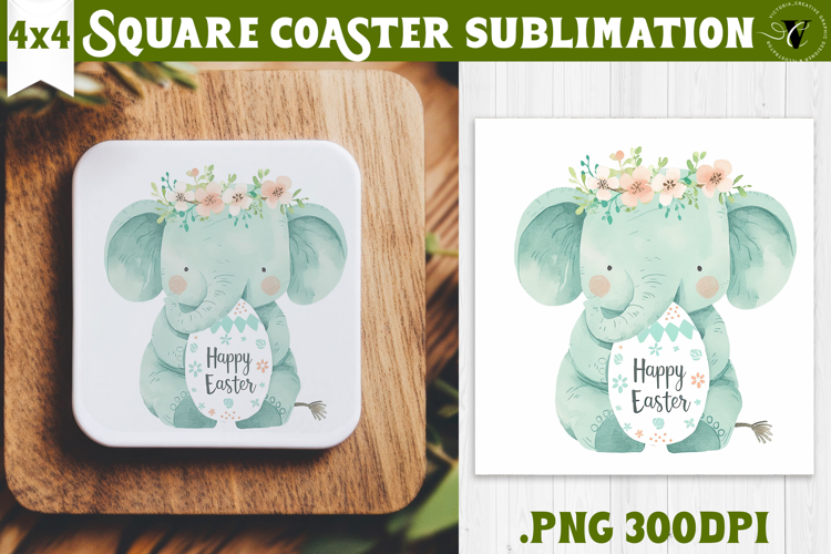 Easter Square Coaster | Watercolor Elephant | Happy Easter