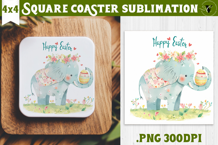 Easter Square Coaster | Watercolor Elephant | Happy Easter