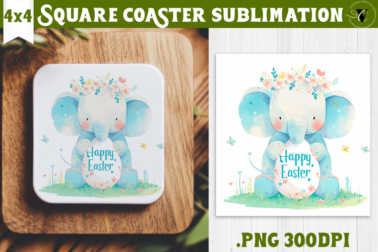 Easter Square Coaster | Watercolor Elephant | Happy Easter