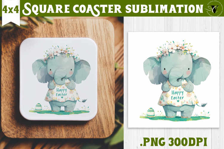 Easter Square Coaster | Watercolor Elephant | Happy Easter